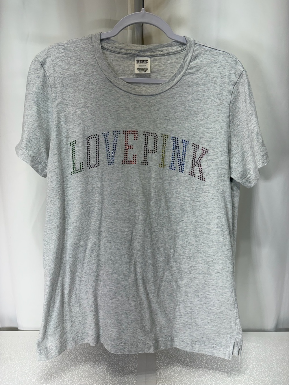 PINK Victoria's Secret Heather Gray 'LOVE PINK' Rainbow Stud Logo Tee 4163